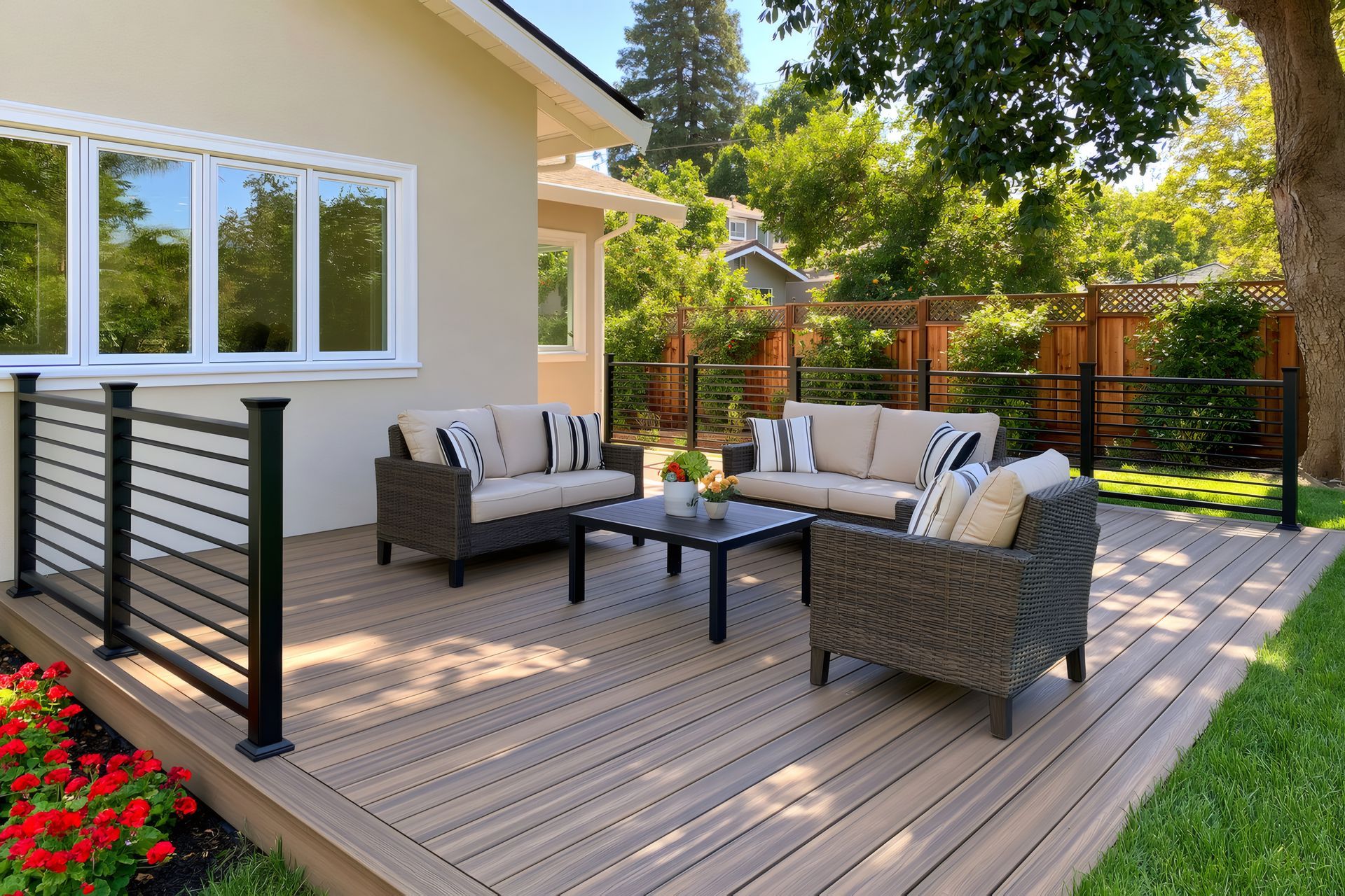 Composite decking with black railing and wicker patio furniture in a sunny backyard