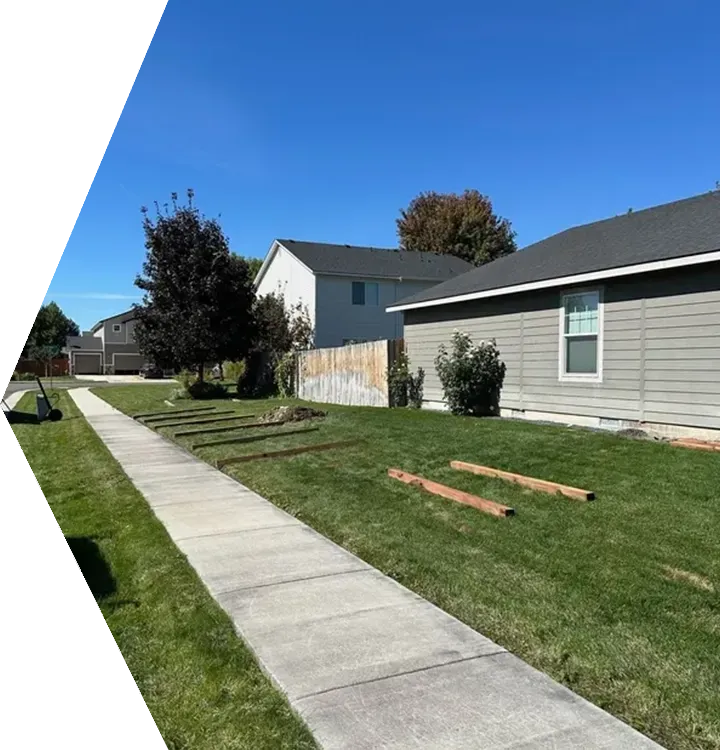 Suburban sidewalk beside houses and a green lawn under a clear blue sky Suburban sidewalk beside houses and a green lawn under a clear blue sky