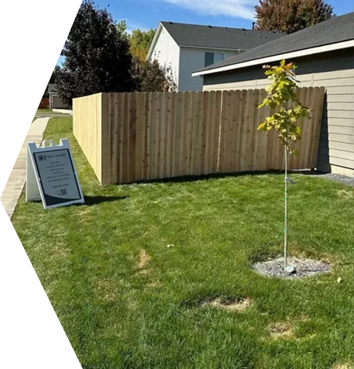 Newly installed wooden fence beside a lawn and young tree in a suburban yard Newly installed wooden fence beside a lawn and young tree in a suburban yard