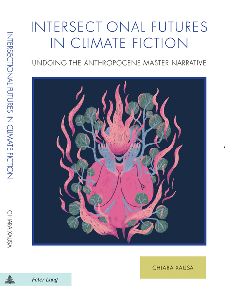 Book cover for “Intersectional Futures in Climate Fiction” with a pink floral figure on a dark blue background.