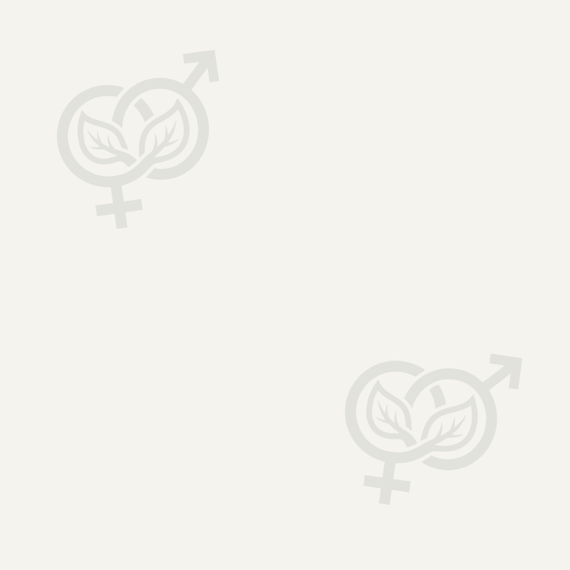 Pale beige background with faint gender-symbol leaf emblems in the upper left and lower right corners