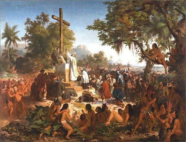 A painting of a group of people gathered around a cross