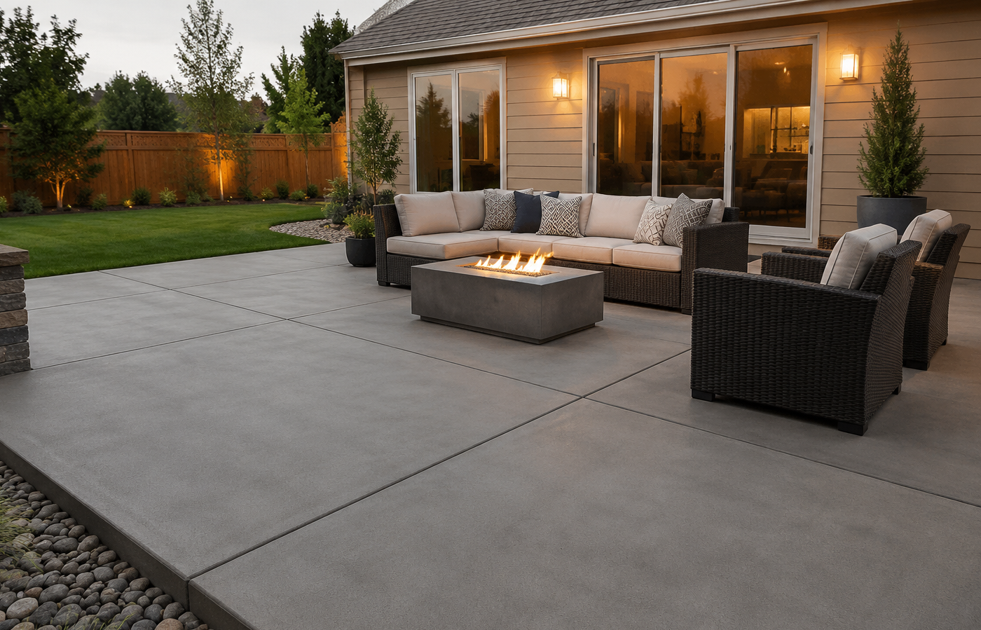 Modern backyard patio with fire pit, wicker seating, and warm lights beside a house