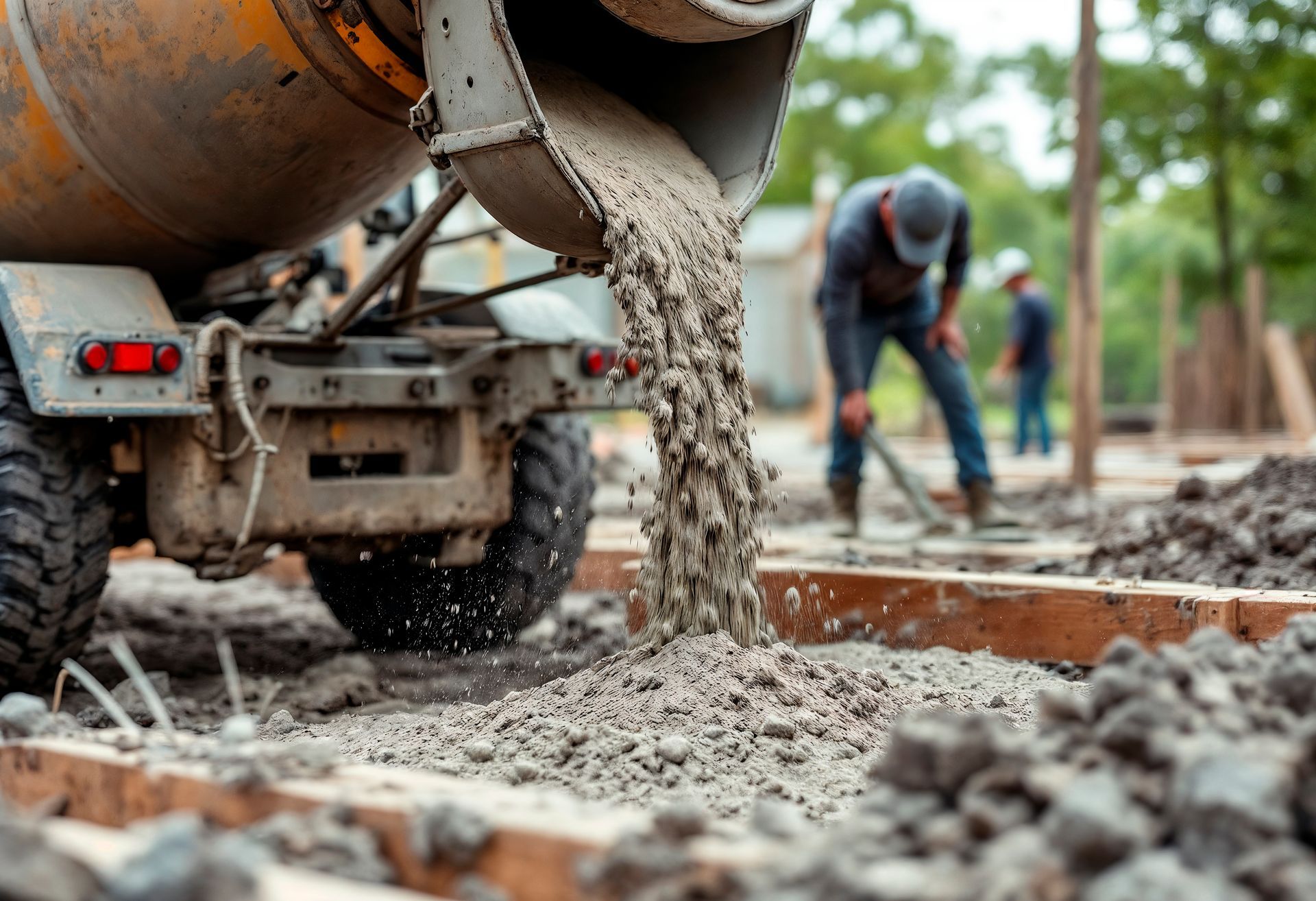 Concrete mixer pouring wet cement at a construction site while workers level the foundation
