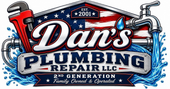 Dan's Plumbing Repair Co. logo with red, blue, and white lettering, wrench and faucet, and water splash design