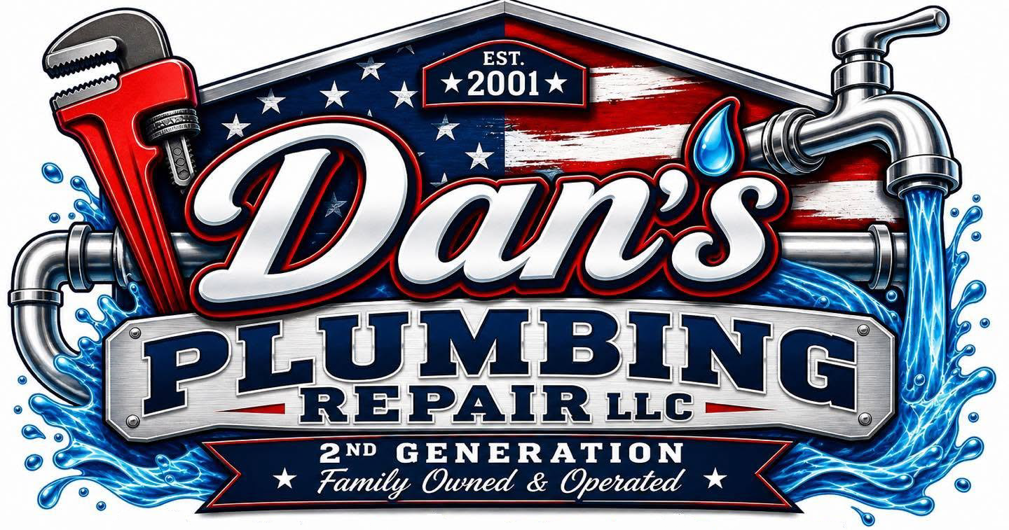 Dan's Plumbing Repair Co. logo with red, blue, and white lettering, wrench and faucet, and water splash design