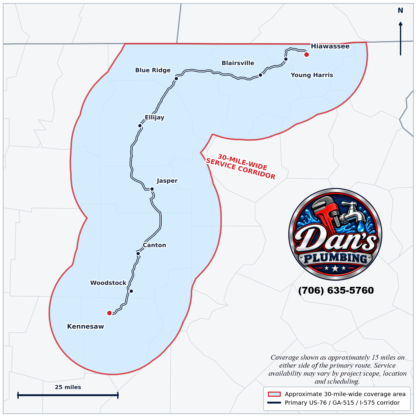 Map of a blue outlined service area with a Dan’s Plumbing logo and contact information