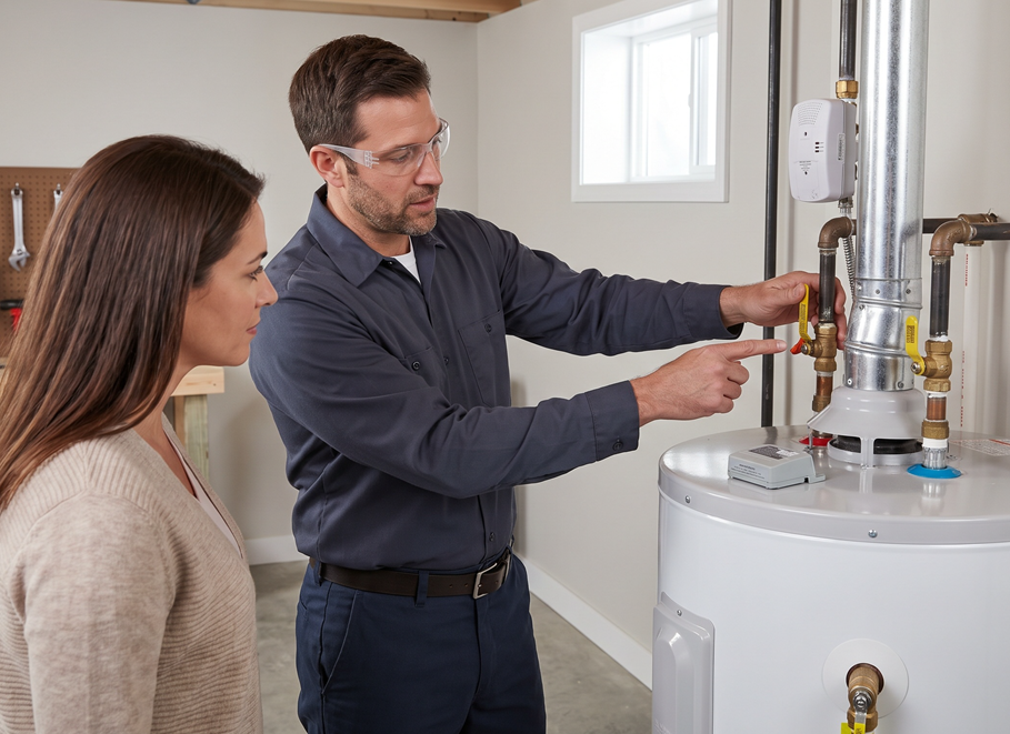 Two people inspecting a water heater and pipes in a utility room