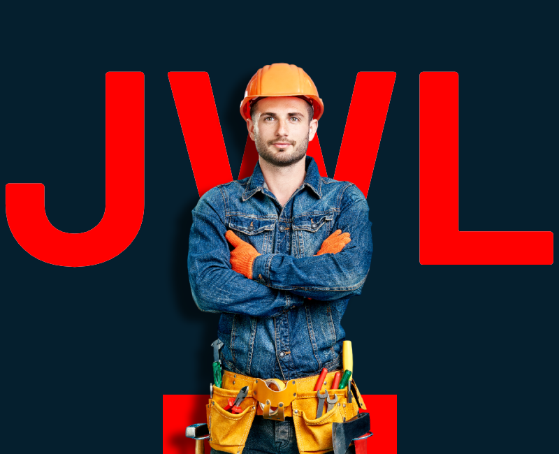 a man wearing a hard hat and a tool belt is standing with his arms crossed