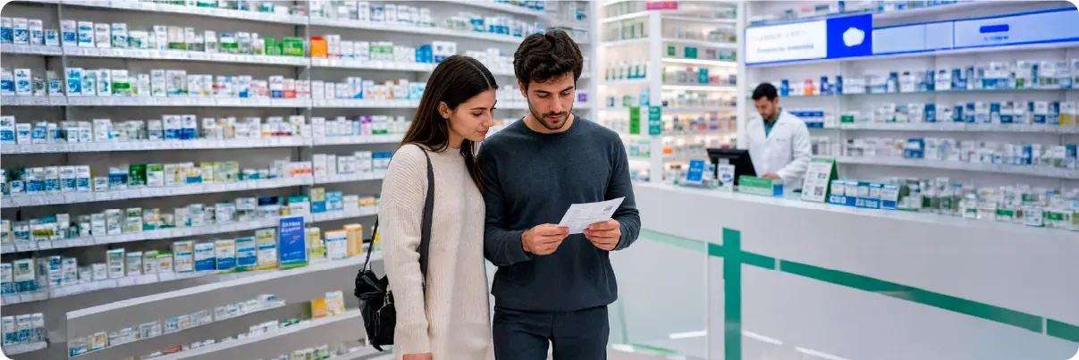 Casal em farmácia com receita médica – tratamento IST, urologista Bragança Paulista