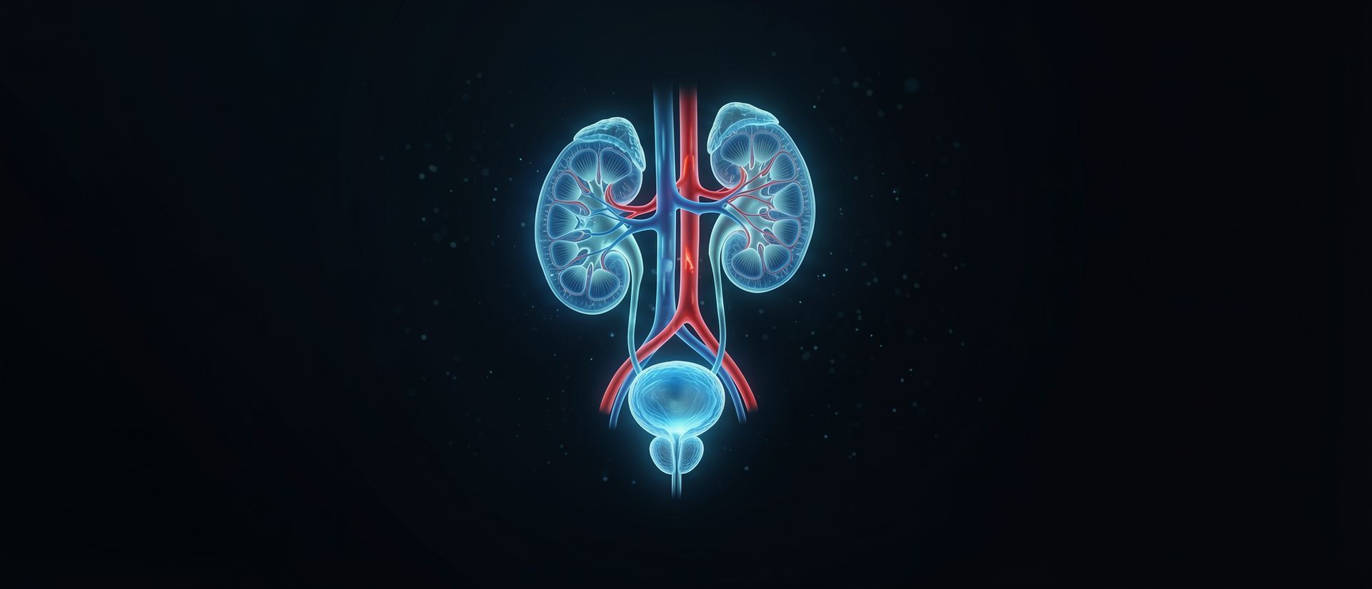 Ilustração do sistema urinário com rins e bexiga em destaque, simbolizando a urologia