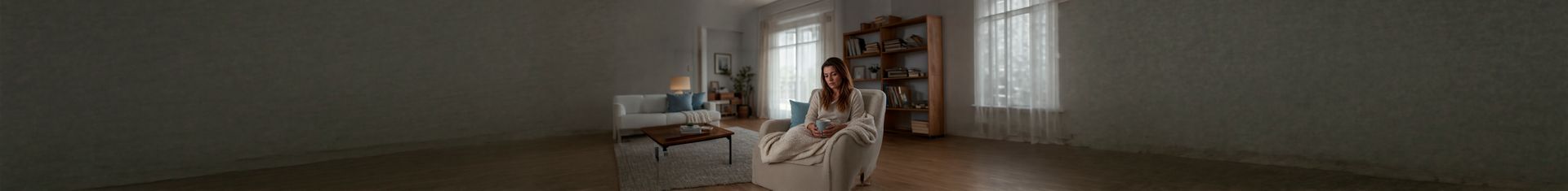 Mulher no sofá com expressão de desconforto pélvico, representando a síndrome da bexiga dolorosa