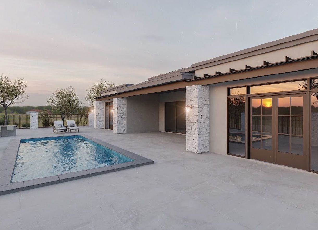 A large house with a swimming pool in front of it.
