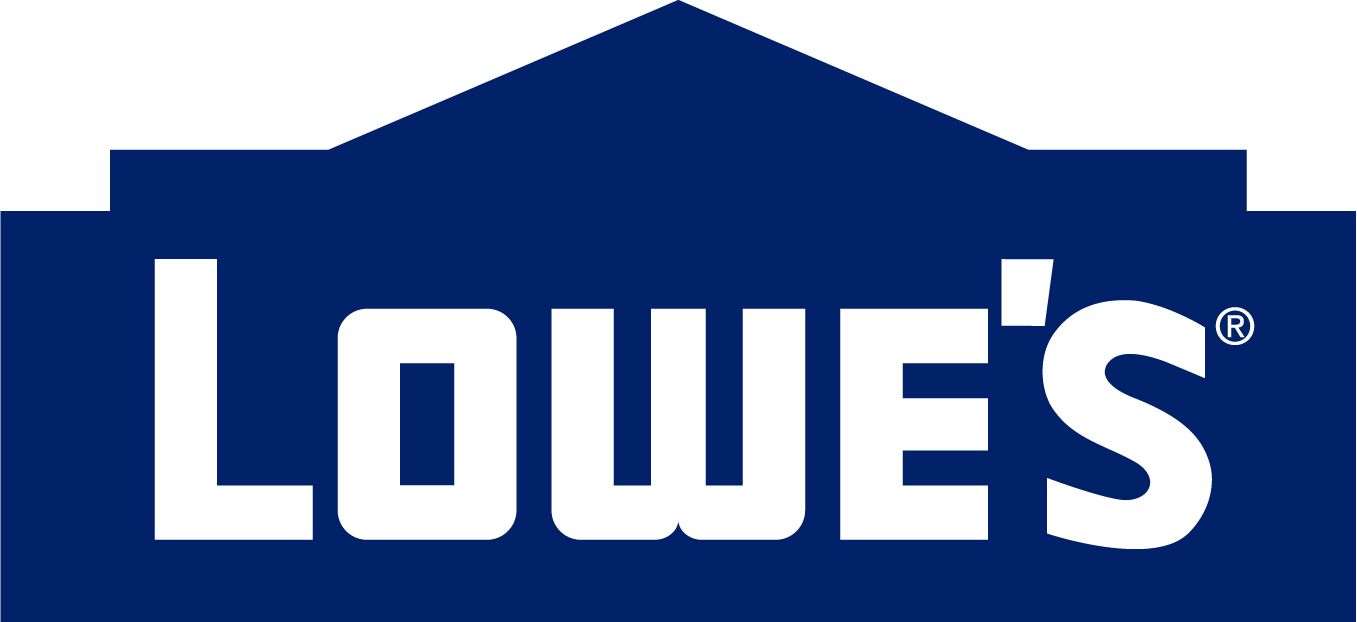 A lowe 's logo with a blue building in the background