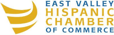 The east valley hispanic chamber of commerce logo is yellow and blue.
