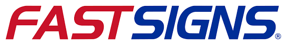 A red white and blue logo for fast signs