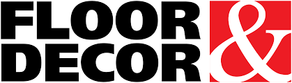 The logo for floor and decor is black and red.