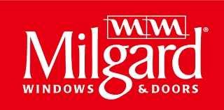 Milgard windows and doors logo on a red background