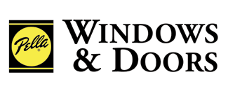 A logo for pella windows and doors with a yellow circle in the middle.