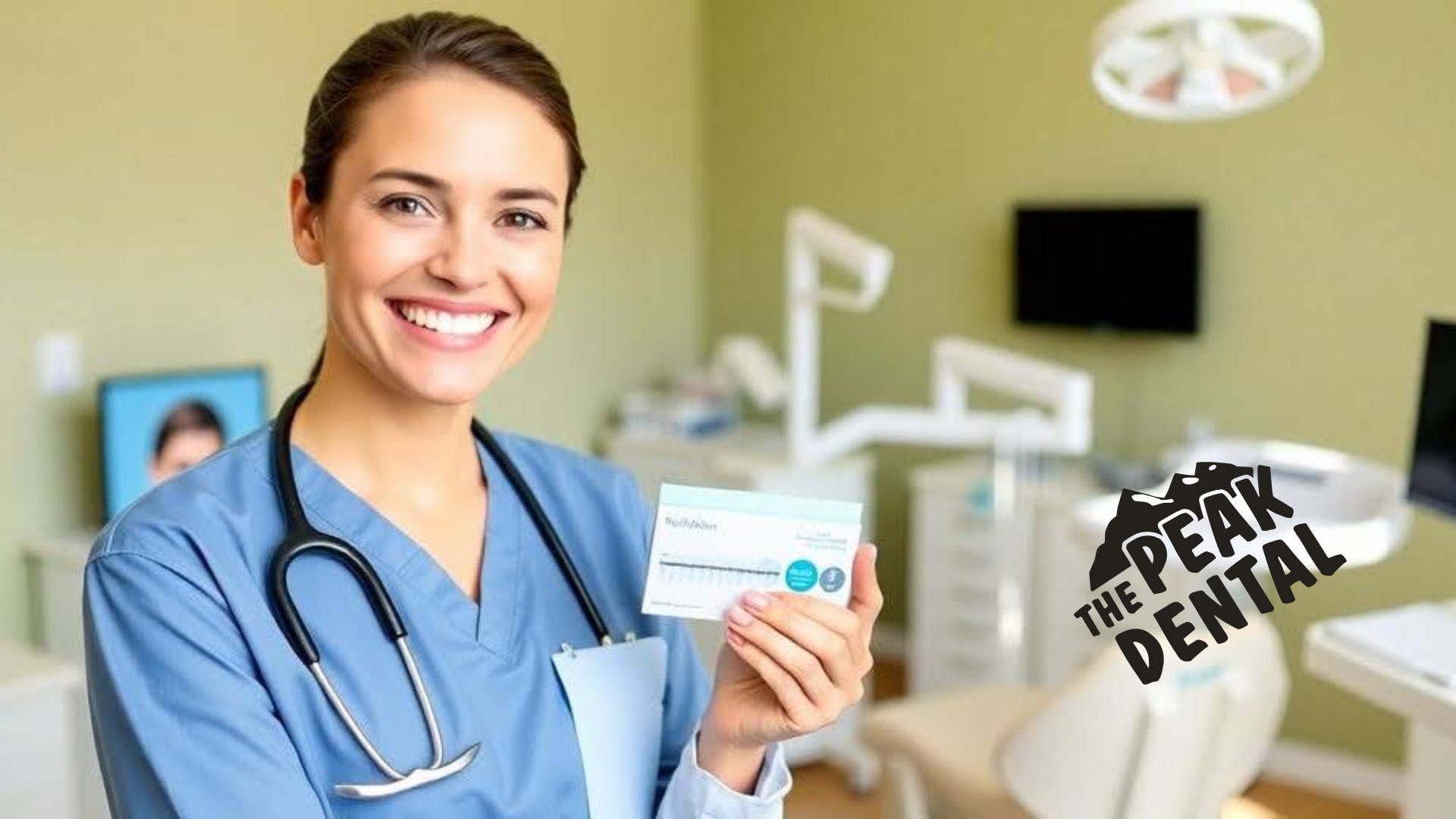 A nurse is smiling while holding a card in a dental office.