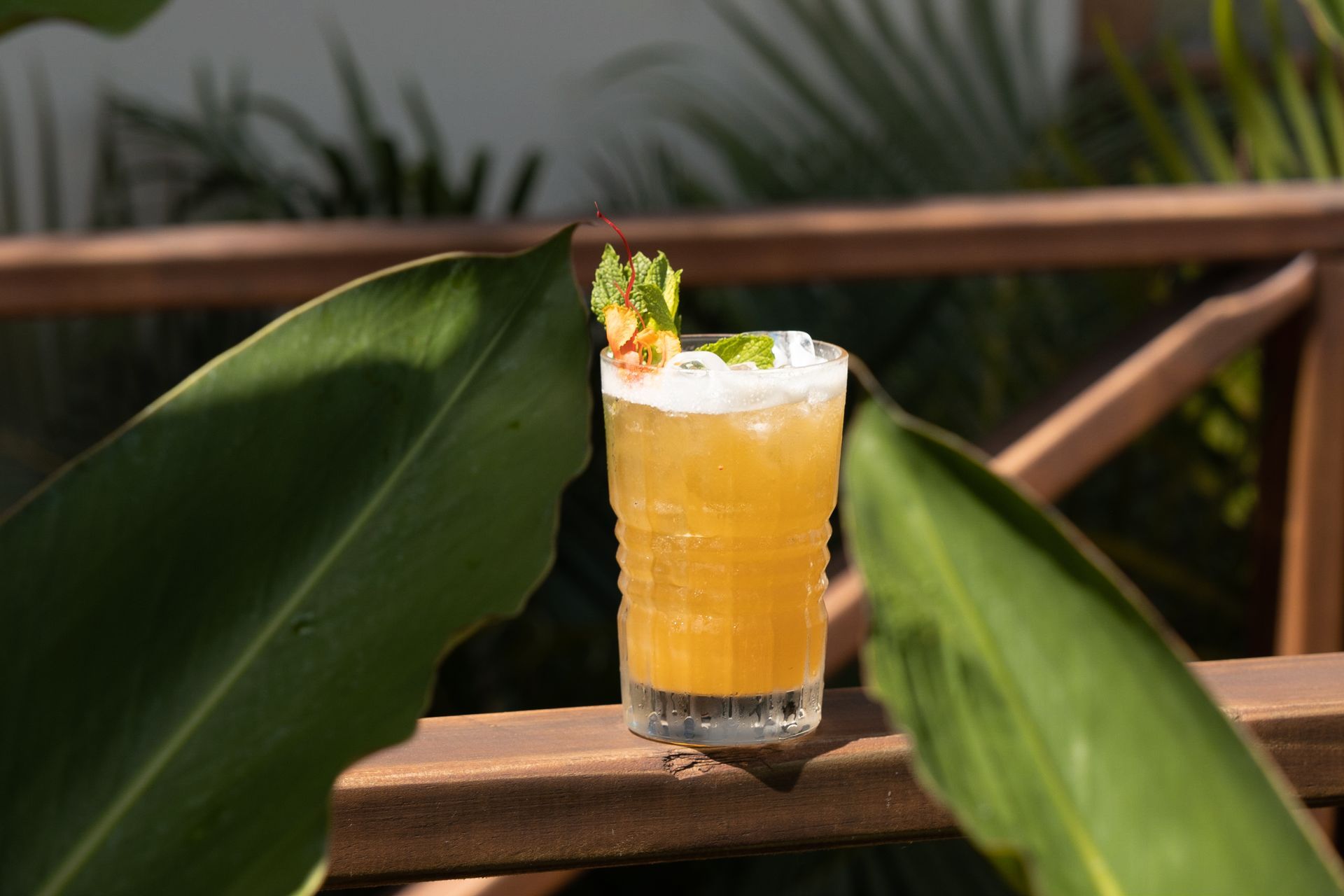 Yellow cocktail served on a wooden railing, with tropical leaves in the background at Aimarawa.
