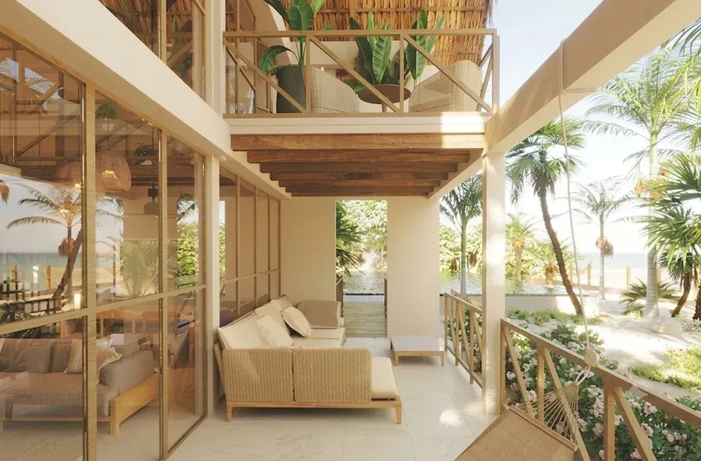 Interior del Hotel Aimarawa en San Antero, con diseño en madera, mobiliario artesanal y espacios acogedores frente al mar