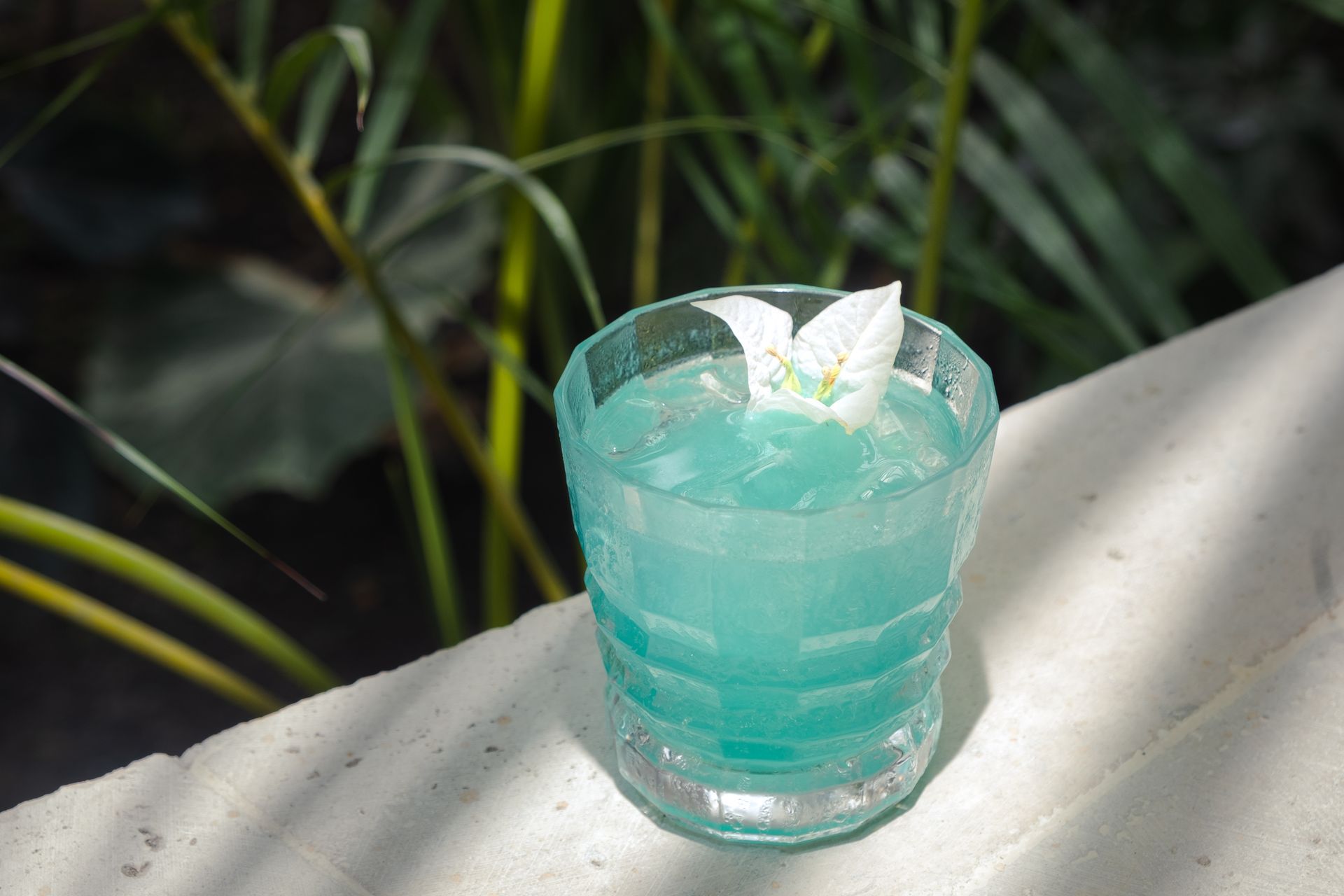 Coquetel azul com gelo e flor branca no Hotel Aimarawa, hospedagem em San Antero Córdoba, em ambiente tropical.