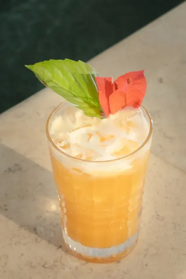 cóctel servido en el bar ara macao dentro de hoteles en la playa en colombia, acompañado de luz natural y vegetación costera