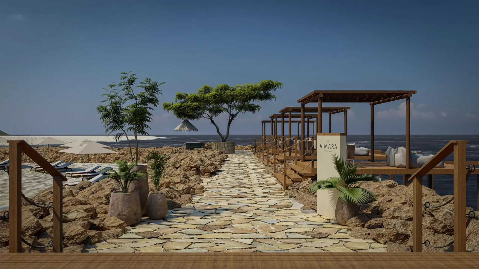 Beachfront hotel in San Antero, Colombia, with a stone pathway, potted plants, and wooden structures by the sea.