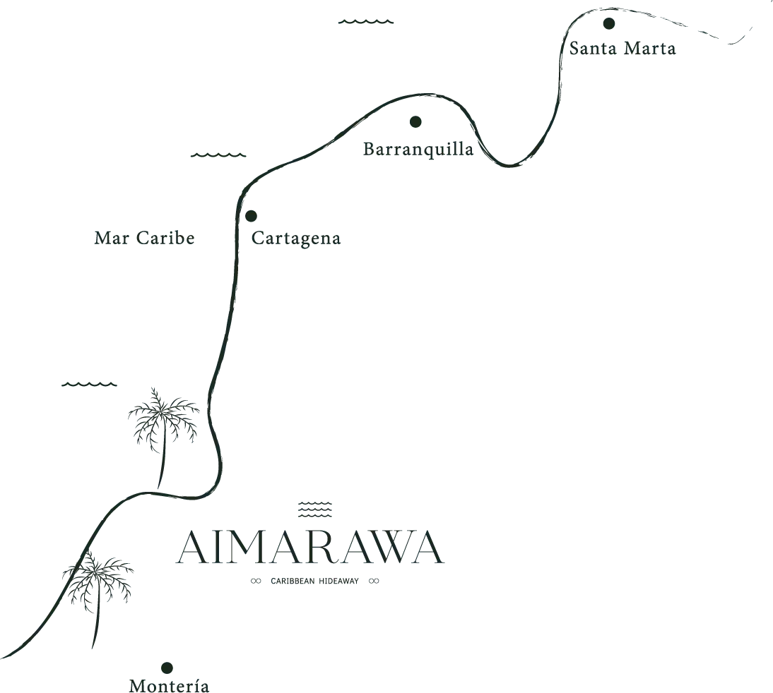 Mapa de ubicación de  Hotel Aimarawa en San Antero, con conexión desde Cartagena, Barranquilla y Santa Marta.