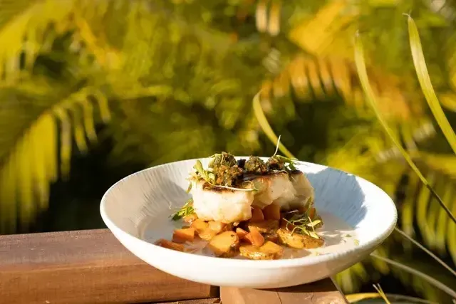 Restaurante en san antero en Aimarawa, plato gourmet en bowl blanco con vegetales y salsa naranja.