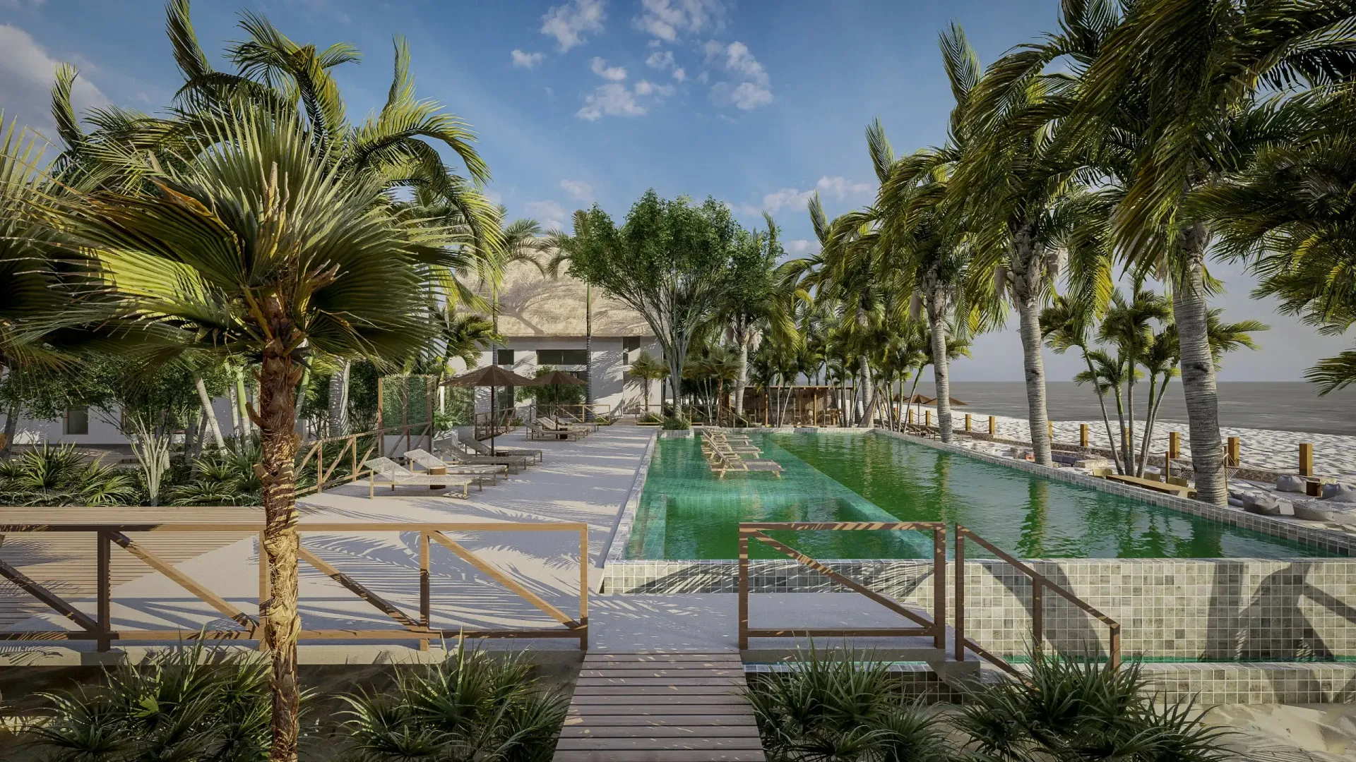 Pool surrounded by palm trees at a hotel in San Antero, Córdoba, integrated into the tropical landscape of the Caribbean.