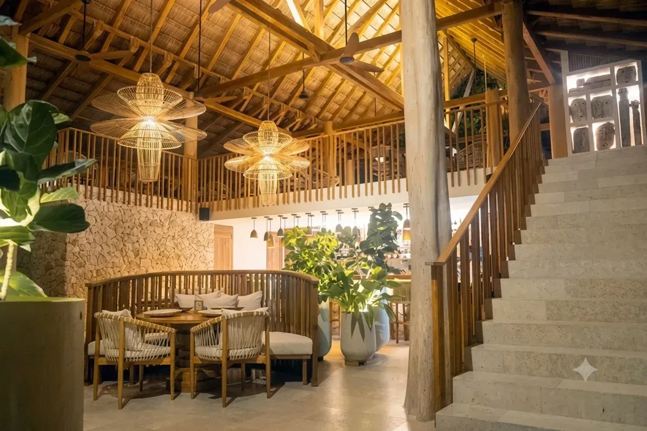 Restaurante en San Antero del Hotel Aimarawa con mesas de madera, diseño tropical y ambiente cálido.