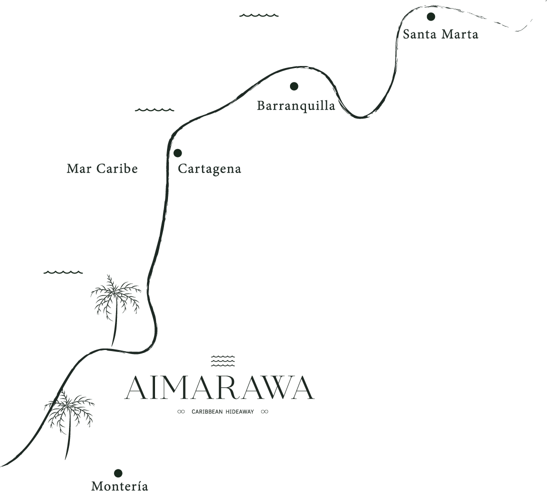 Mapa de ubicación de  Hotel Aimarawa en San Antero, con conexión desde Cartagena, Barranquilla y Santa Marta.