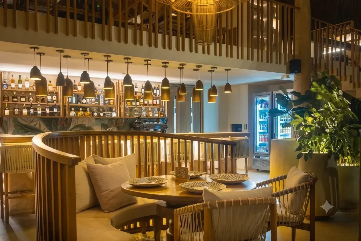 hoteles con restaurante en san antero con bar iluminado, mesas y sillas de madera y lámparas colgantes