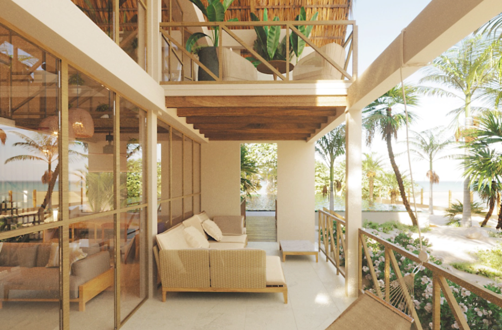 Hotel Aimarawa interior in San Antero with wood design, handmade furniture, and cozy oceanfront spaces.