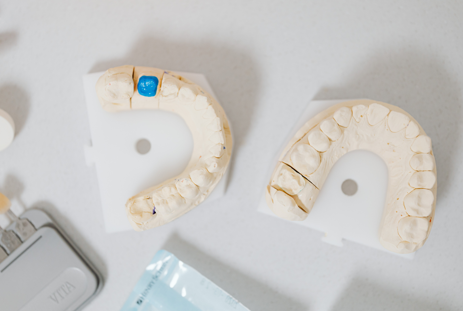A close up of a pair of dental models on a table.