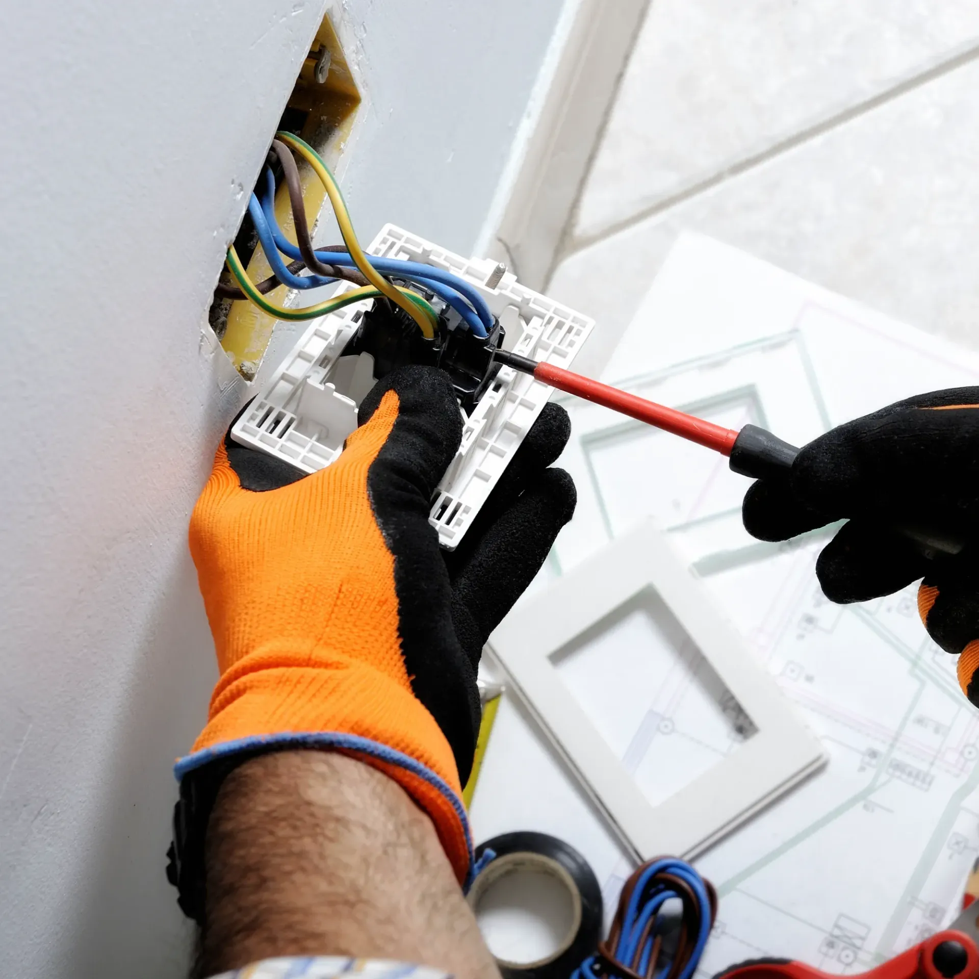 Maese Solutions Electric Plumbing HVAC - A person wearing orange gloves is working on an electrical outlet