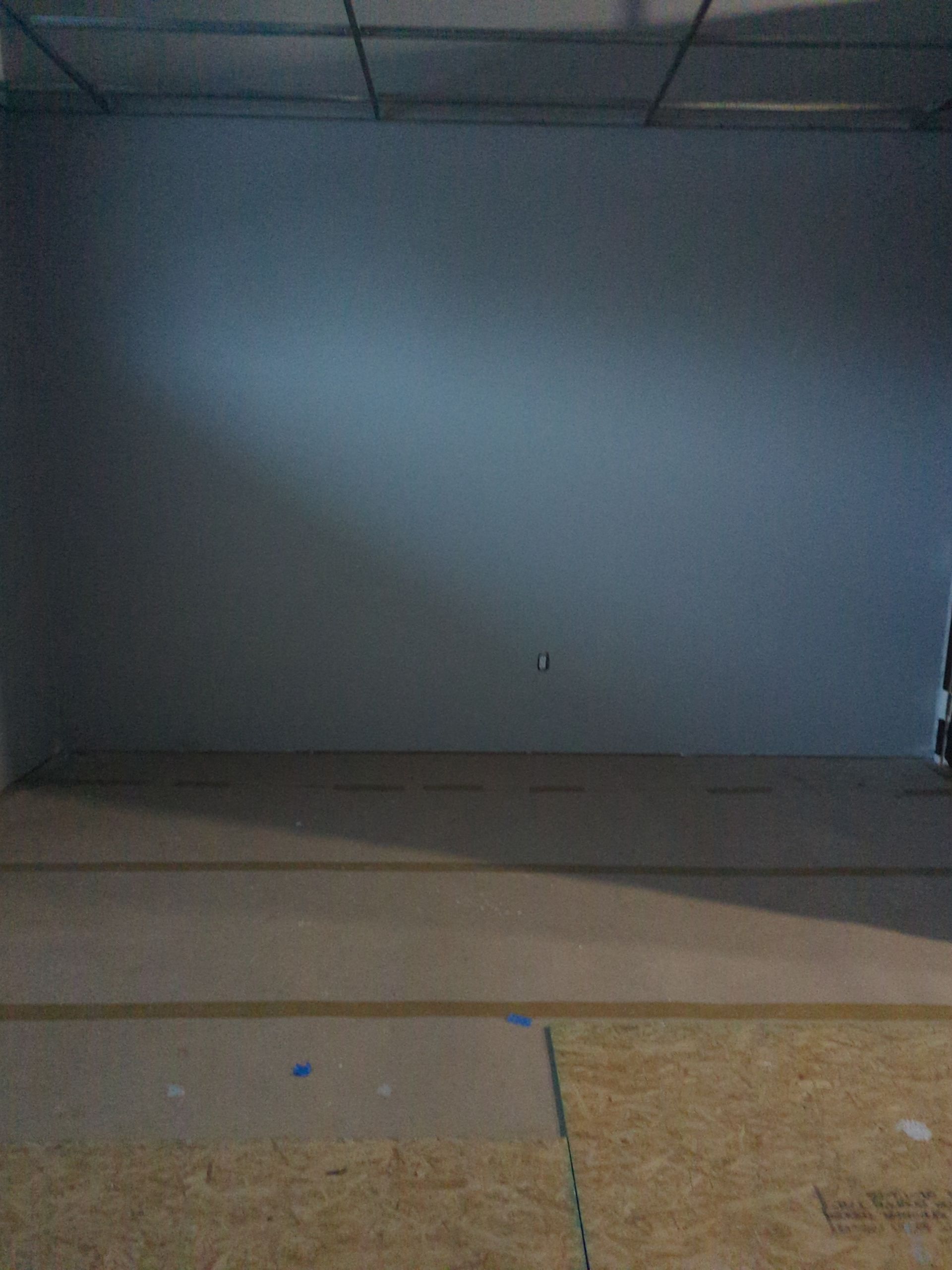 An unfinished room interior with light-colored walls, a drop ceiling grid, and plywood subflooring.