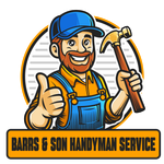 A logo for Barrs & Son Handyman Service featuring a smiling worker in overalls and a cap holding a hammer and giving a thumbs up.