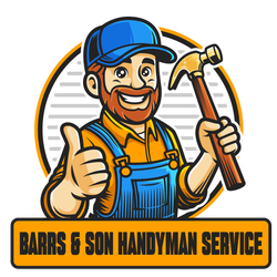A logo for Barrs & Son Handyman Service featuring a smiling worker in overalls and a cap holding a hammer and giving a thumbs up.