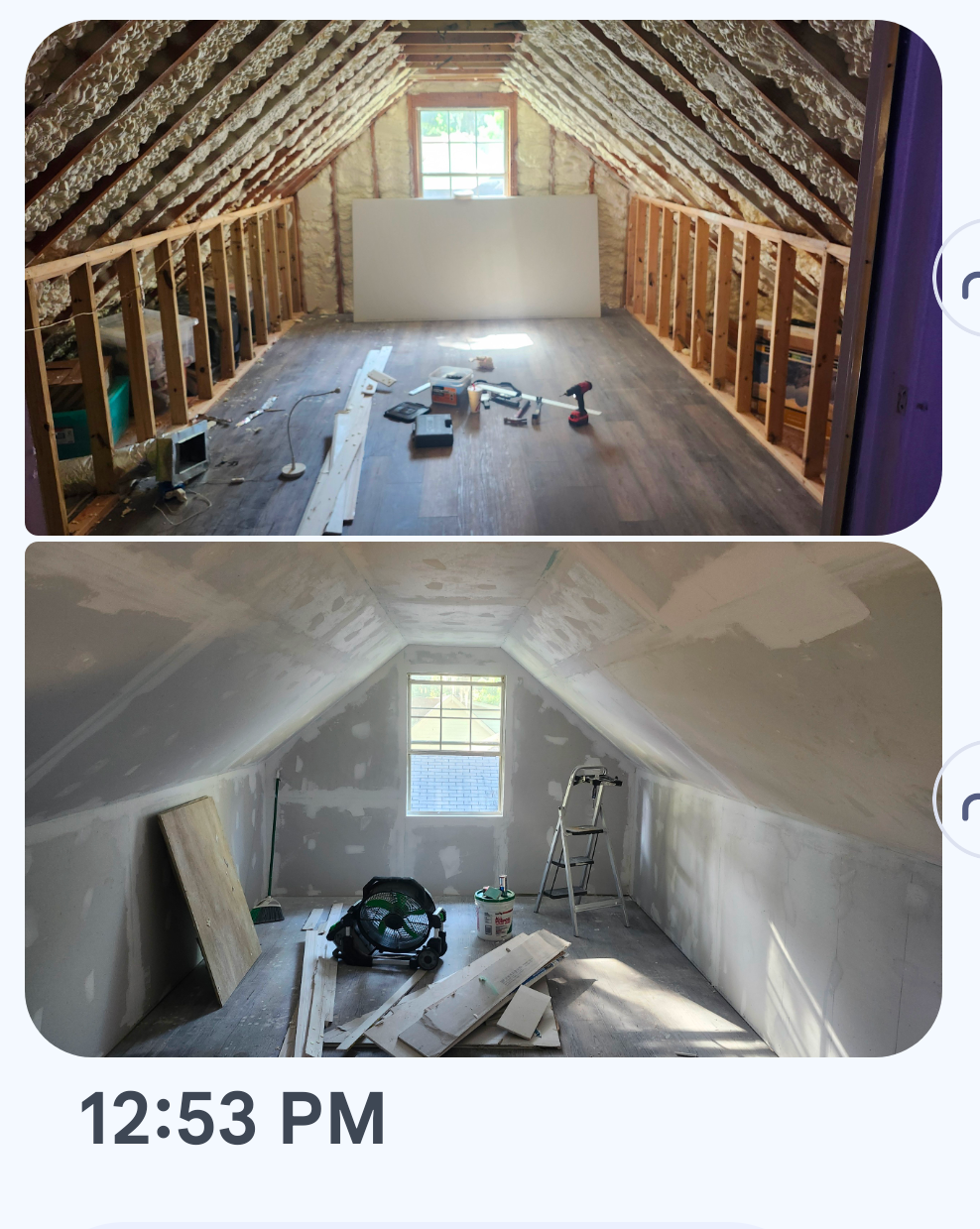Two photos showing the transformation of an unfinished attic with exposed framing and insulation into a finished room.