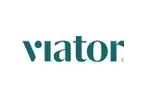 Viator logo in teal text on a white background