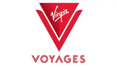 Virgin Voyages logo in red with stylized V above the word “VOYAGES”