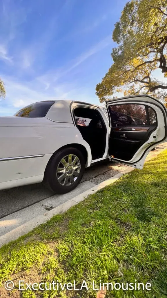 White limousine parked at a curb with the rear door open on a sunny street.