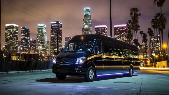 Black van parked at night with city skyline lights and palm trees in the background