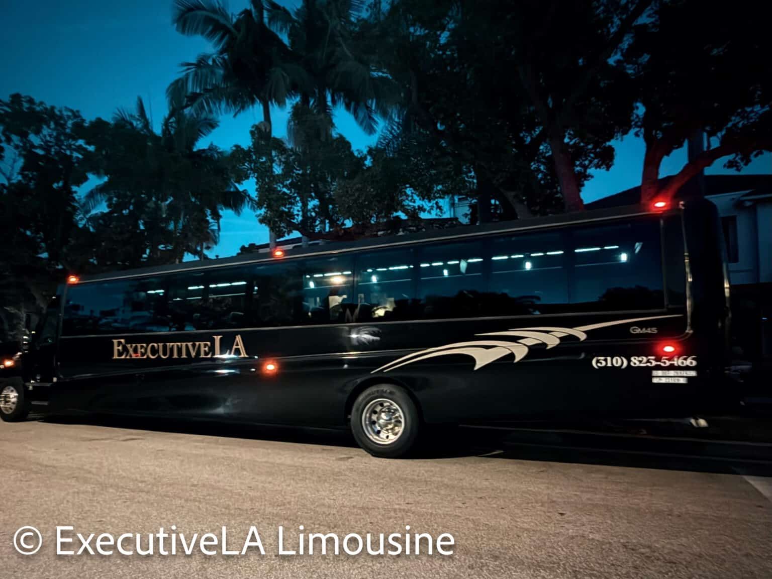 Black limousine with ExecutiveLA branding parked at dusk under palm trees