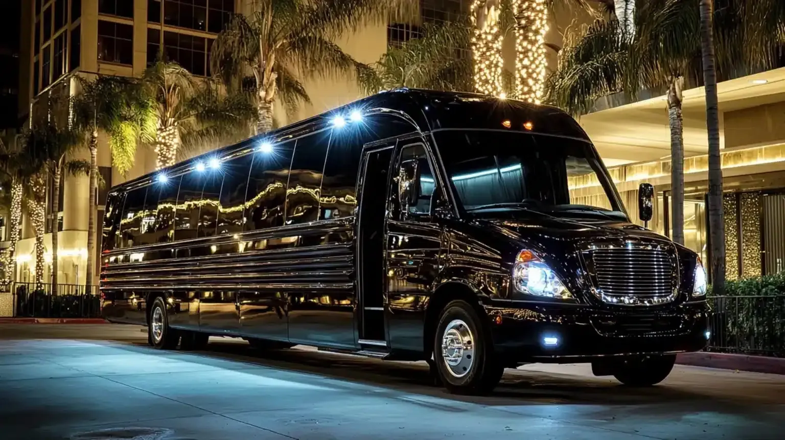 Black luxury shuttle bus parked at night outside a lit hotel entrance