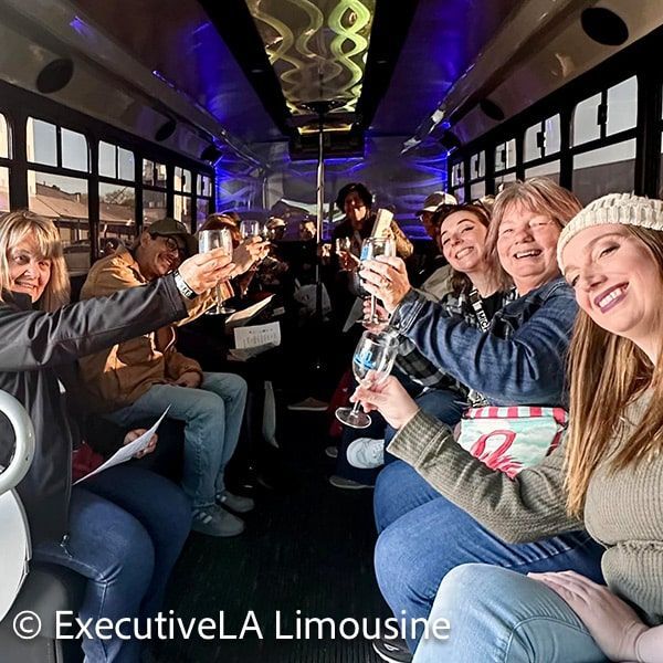 Group toasting drinks inside a decorated party bus limousine, smiling and seated along both sides.