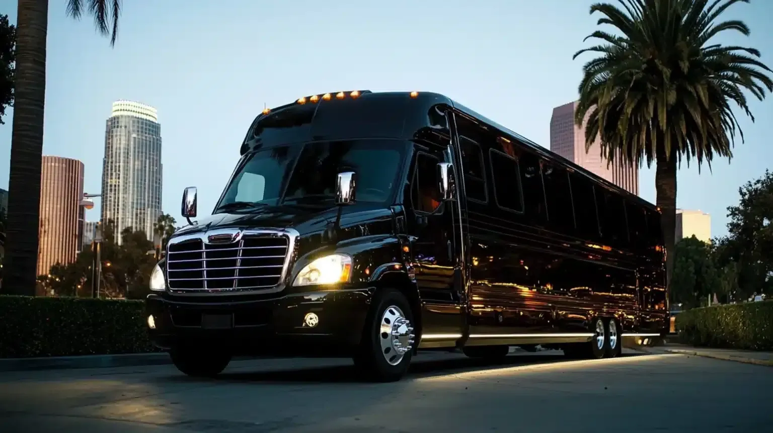 Black luxury shuttle bus parked at dusk with city skyline and palm trees in the background